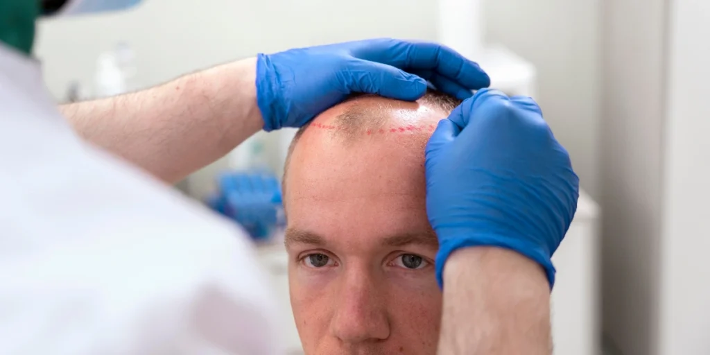 Surgeon marking hairline during Hair Transplant for Men in Birmingham with precision for natural results.